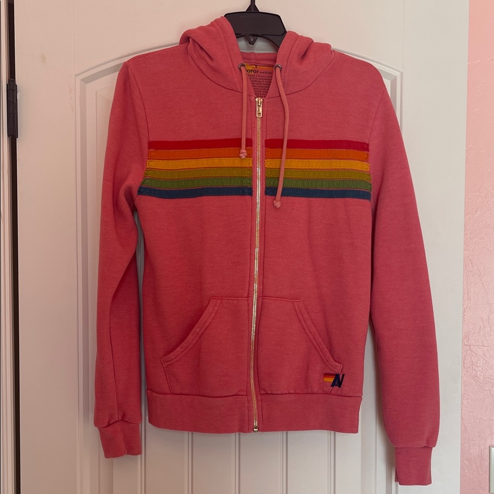 Aviator Nation Pink Hoodie with Rainbow Stripes